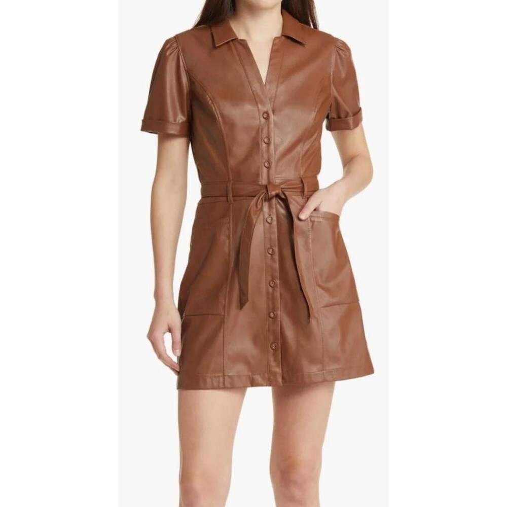 NWT Paige Janette Brown Faux Leather Button Front Belted Pockets Dress Sz S